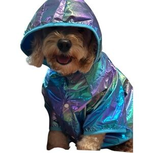 NEW Size XL Dog Raincoat - Blue Iridescent Metallic Rain Jacket w Hood